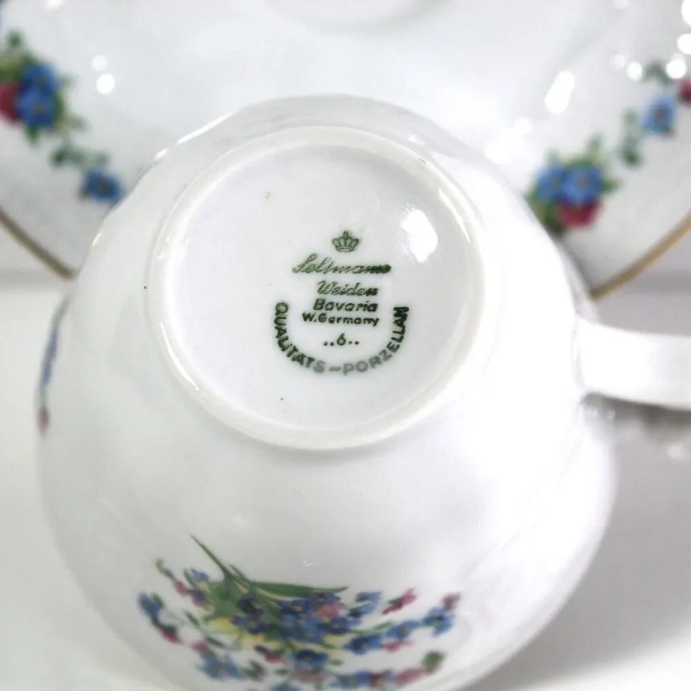 Blue & Pink Floral Tea Cup & Saucer Set Germany Seltman Weiden Demitasse Vintage